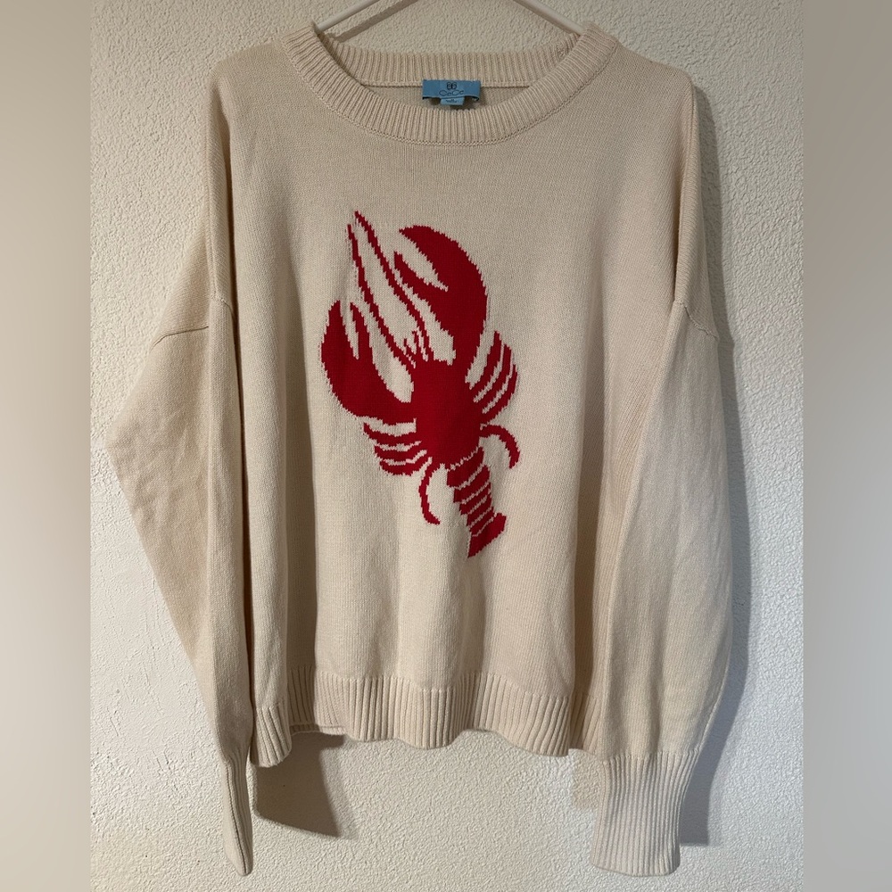 CeCe Sweater Women Off White 100% Cotton Long Sleeve Crewneck Lobster Motif Sz M